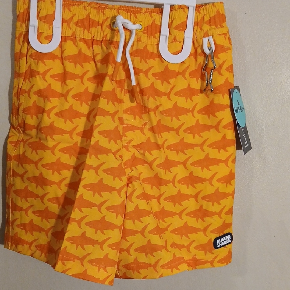 Rugged Shark Kids Bright Orange Shark Pattern Swim Shorts